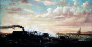 1862年3月9日、アイアンクラッドモニターとメリマックの戦い、1877年 作： William Torgerson